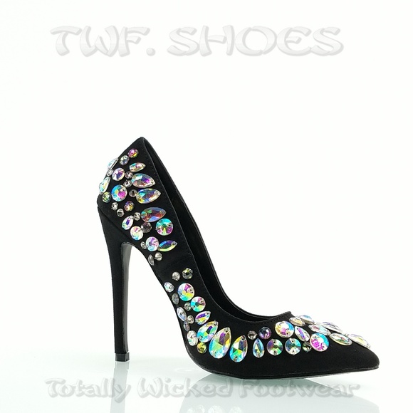 Big jewel 4.5" heel black pump fashion shoes Diva - Picture 4 of 8